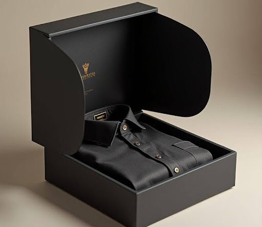 An open matte black custom apparel packaging box displayed on a plain white surface.