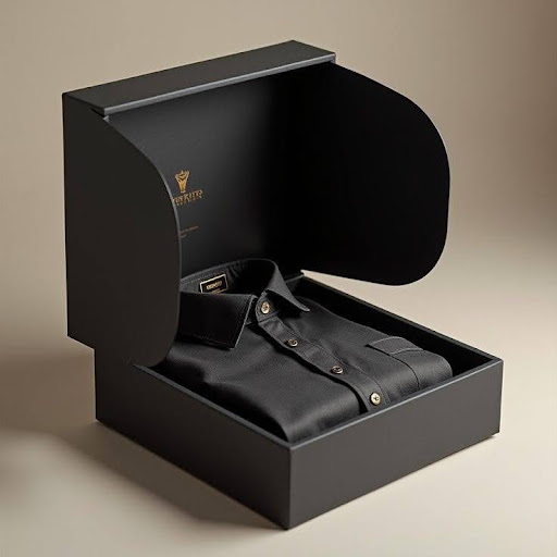 An open matte black custom apparel packaging box displayed on a plain white surface.
