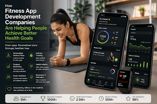 Fitness app dashboard displaying user progress stats, health insights, nutrition tracking, and active goal metrics.