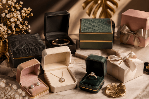 Elegant luxury custom jewelry gift boxes and display pouches arranged on a textured beige surface.